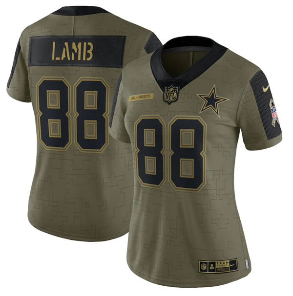 Women's Dallas Cowboys #88 CeeDee Lamb 2021 Olive Salute To Service Limited Stitched Jersey（Run Small）